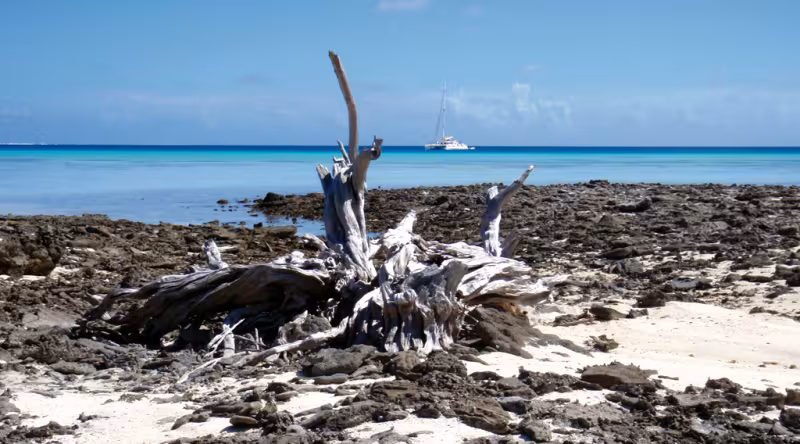 Jangada au mouillage dans l’atoll de Mopelia…
