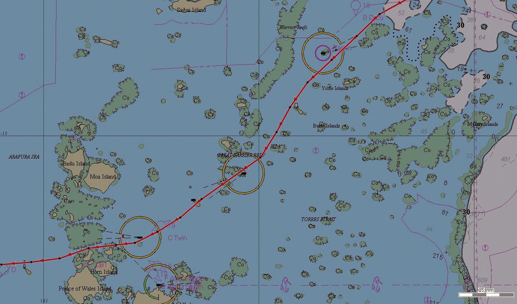 Report de la trajectoire  CLS Argos de Jangada lors de son franchissement du détroit de Torrès, de nuit, sur carte Google Map (cartographie décalée).