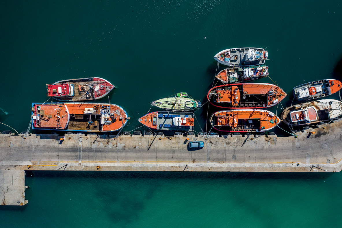 Les chalutiers dans le port de Hout Bay,  qui regroupe à la fois les pêcheurs et  les plaisanciers.