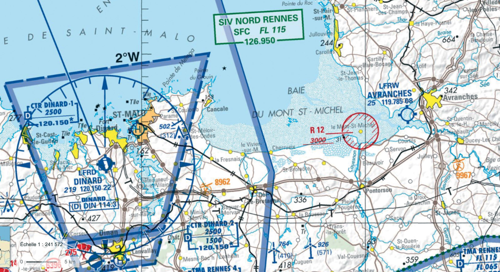 Les cartes OACI (organisation de l’aviation civile internationale) – ici celle de la baie du Mont-Saint-Michel – indiquent toutes les zones interdites ou soumises à restriction.